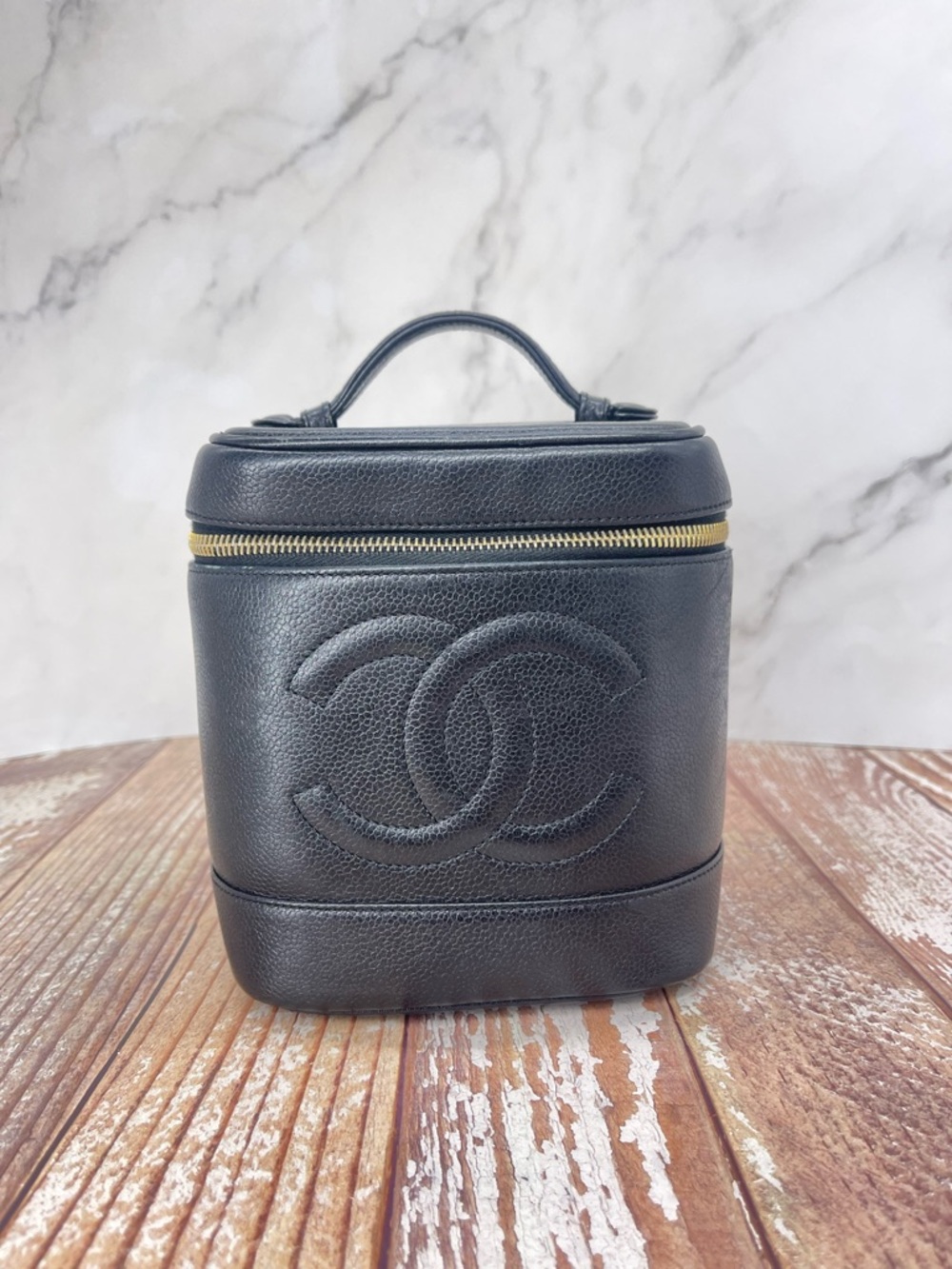 AUTHENTIC Chanel Vintage Black Caviar CC Tall Timeless Vanity Case